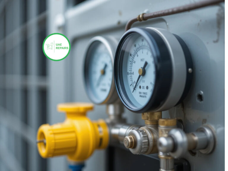 Professional detecting and refilling AC gas leak in Dubai