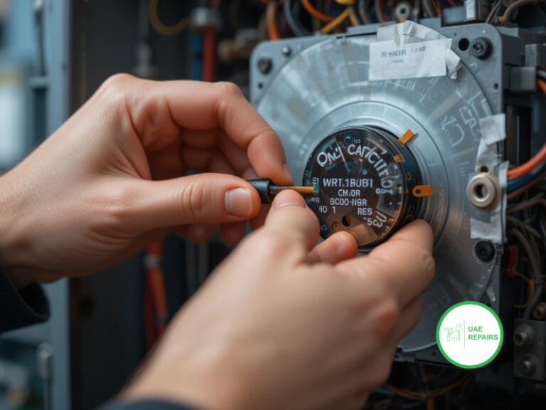 Technician repairing AC capacitors and wiring in Dubai