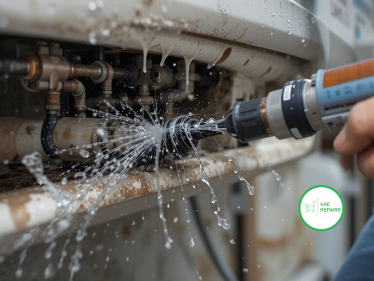 Unclogging AC drainage pipe to stop water leaks in Dubai