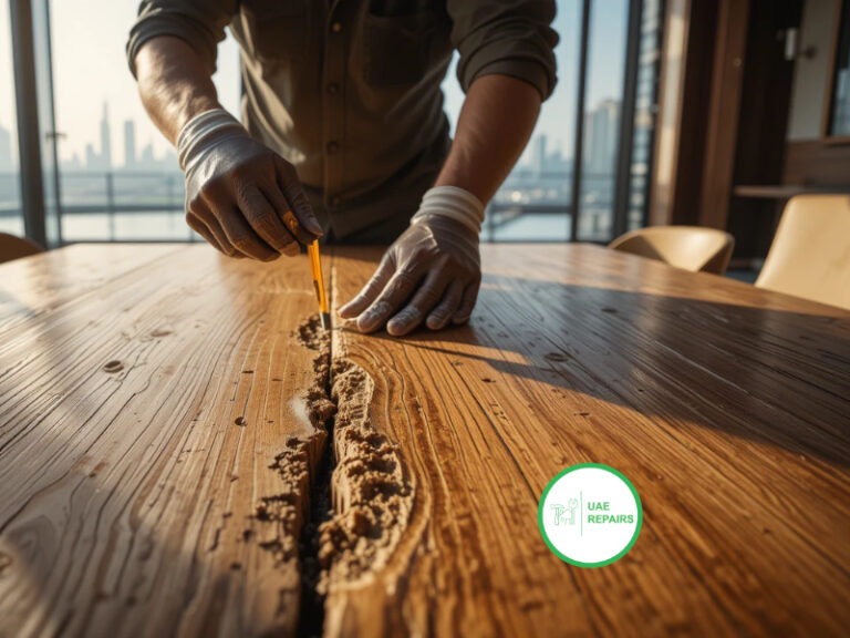 Furniture Repair in Downtown Dubai. Gloved hands repairing cracked teak dining table with eco-friendly filler, Dubai Marina skyline blurred in background, natural wood texture highlighted