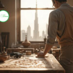 Skilled artisan repairing wooden cabinet in Downtown Dubai, tools and Burj Khalifa visible through window, focused on wood grain restoration.