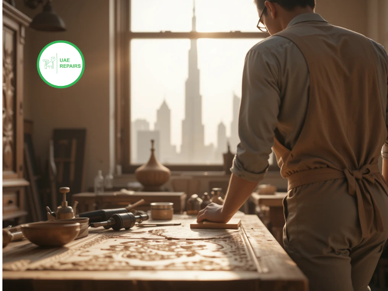 Skilled artisan repairing wooden cabinet in Downtown Dubai, tools and Burj Khalifa visible through window, focused on wood grain restoration.