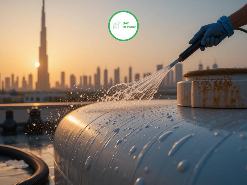UAE REPAIRS Team is cleaning water tank at clients rooftop