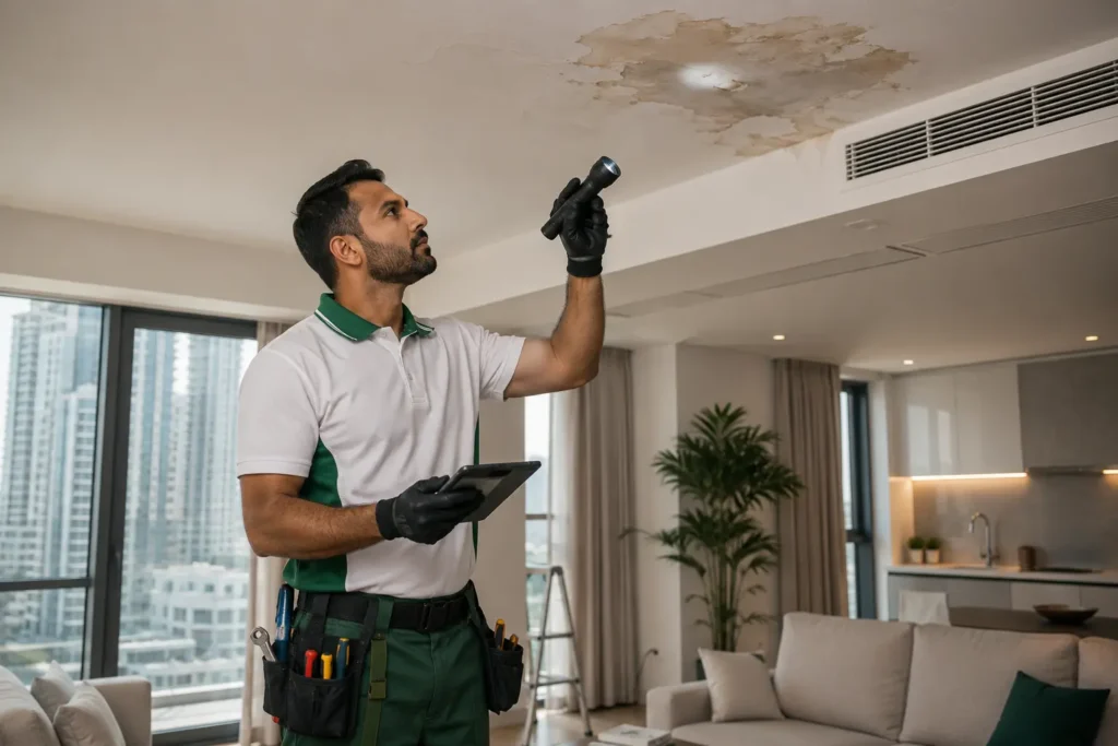 Plumber inspecting hidden water leak stain on apartment ceiling in Dubai