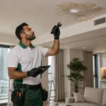 Plumber inspecting hidden water leak stain on apartment ceiling in Dubai