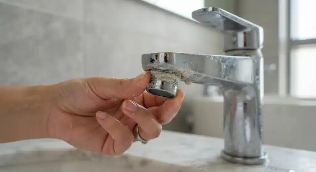 Cleaning limescale from tap aerator to fix low water pressure in Dubai apartment