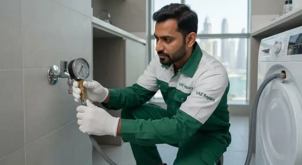 Plumber measuring water pressure with gauge in JBR apartment