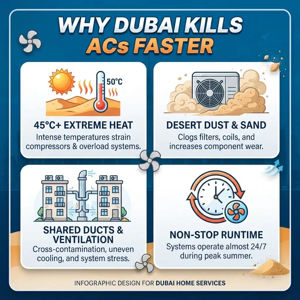 Why air conditioners break down faster in Dubai summer heat and dust