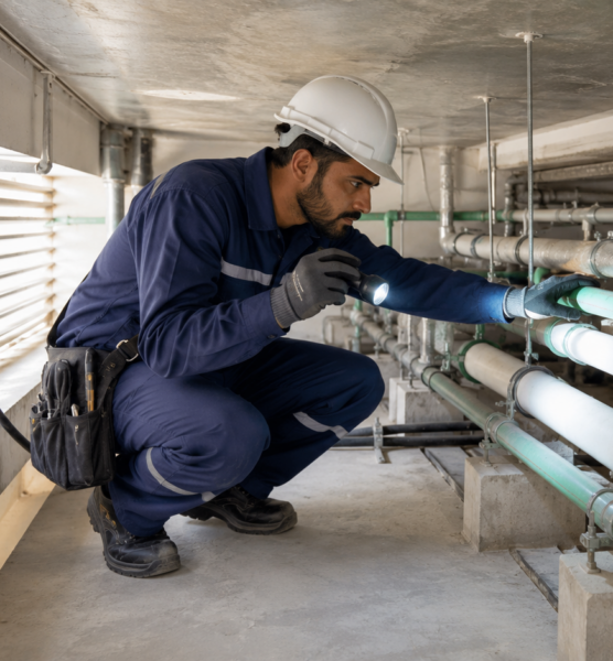 JVT plumber inspecting roof-space pipe run