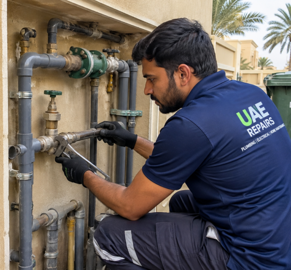 Plumber in Al Barsha repairing corroded pipework at a villa in Al Barsha 2