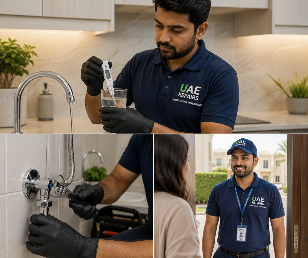 Plumber in Al Barsha testing tap water quality in a villa kitchen