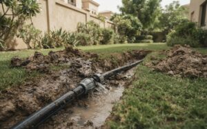 Burst external water pipe in an Arabian Ranches villa garden