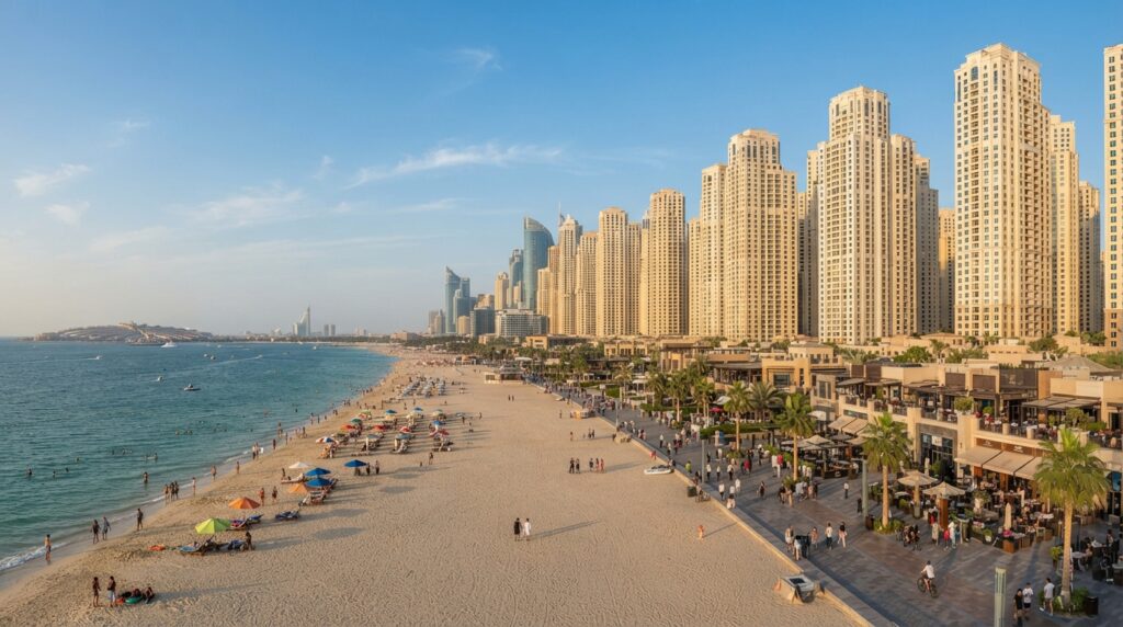 JBR Jumeirah Beach Residence towers along the beachfront