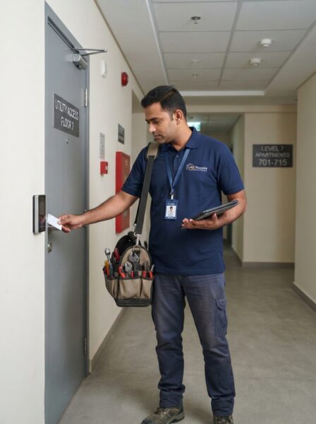 Plumber in Silicon Oasis arriving with trade licence documents at a DSO residential tower