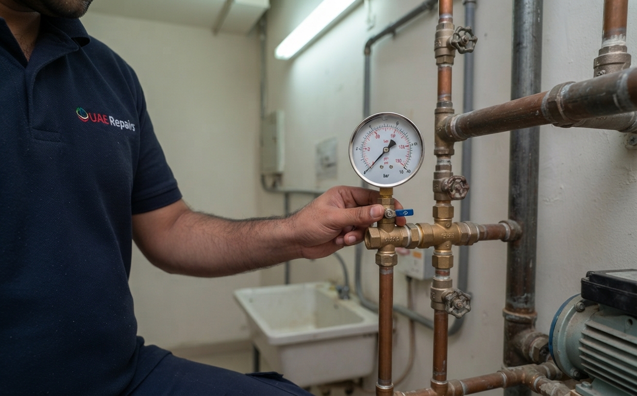 Testing water pressure in a Silicon Oasis apartment tower ·