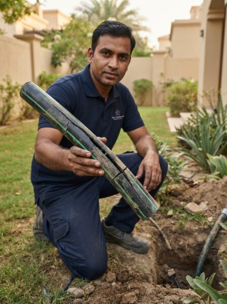 Plumber in Arabian Ranches excavating a leaking garden supply pipe at a villa