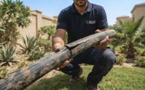 Cracked irrigation pipe replaced at an Arabian Ranches villa ·