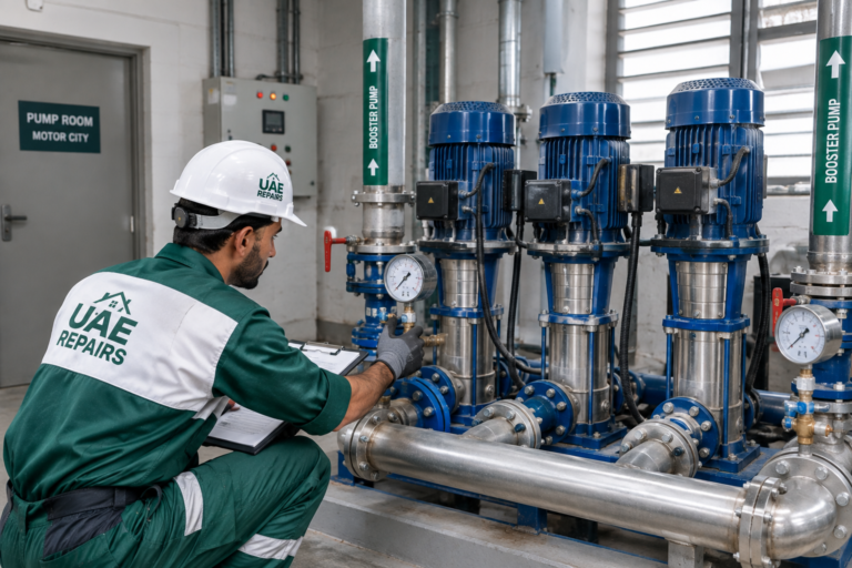 Booster pump pressure fault repair Motor City apartment Dubai