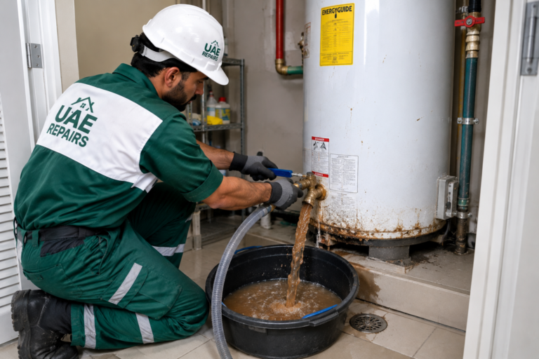 Water heater calcium scale flush Sports City apartment Dubai