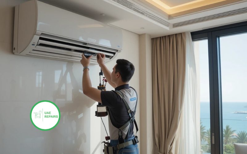 Certified AC Technician of UAE REPAIRS UAE REPARIS Certified AC Repair Technician is fixing ac in palm jumeirah Dubai.